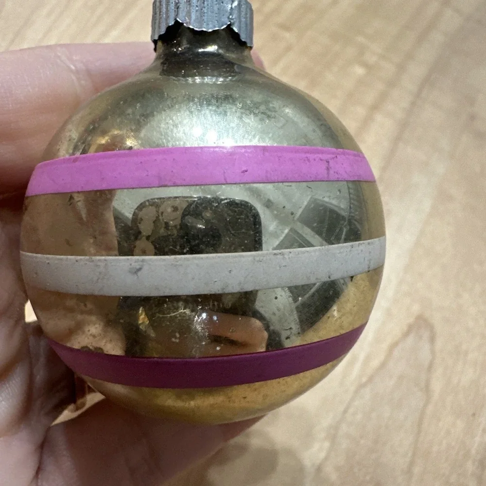 3 Shiny Brite Vintage Christmas Ornaments MCM Striped Glass Balls USA 1950s